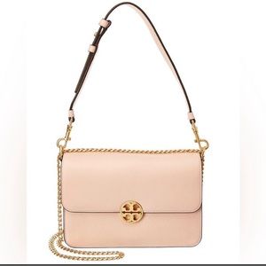 Beautiful Pale Apricot Pebbled Leather Chelsea Chain Shoulder Bag By Tory Burch